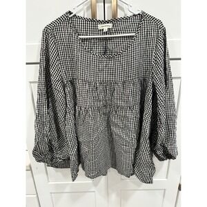 MAX STUDIO Black White Gingham Babydoll Tunic Top Blouse Womens L
